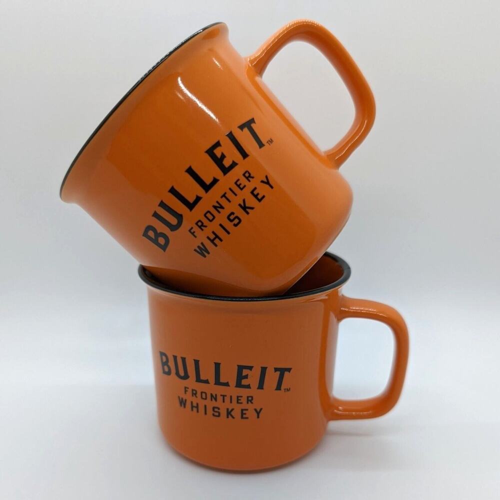 Lot of 2 Bulleit Frontier Whiskey Orange Black Coffee Mugs Cups Distillery 8oz